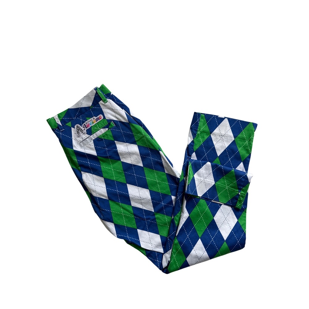 Royal & Awesome Mens Argyle Golf Pants Blue Green White 32x30 (Fits 33x29)